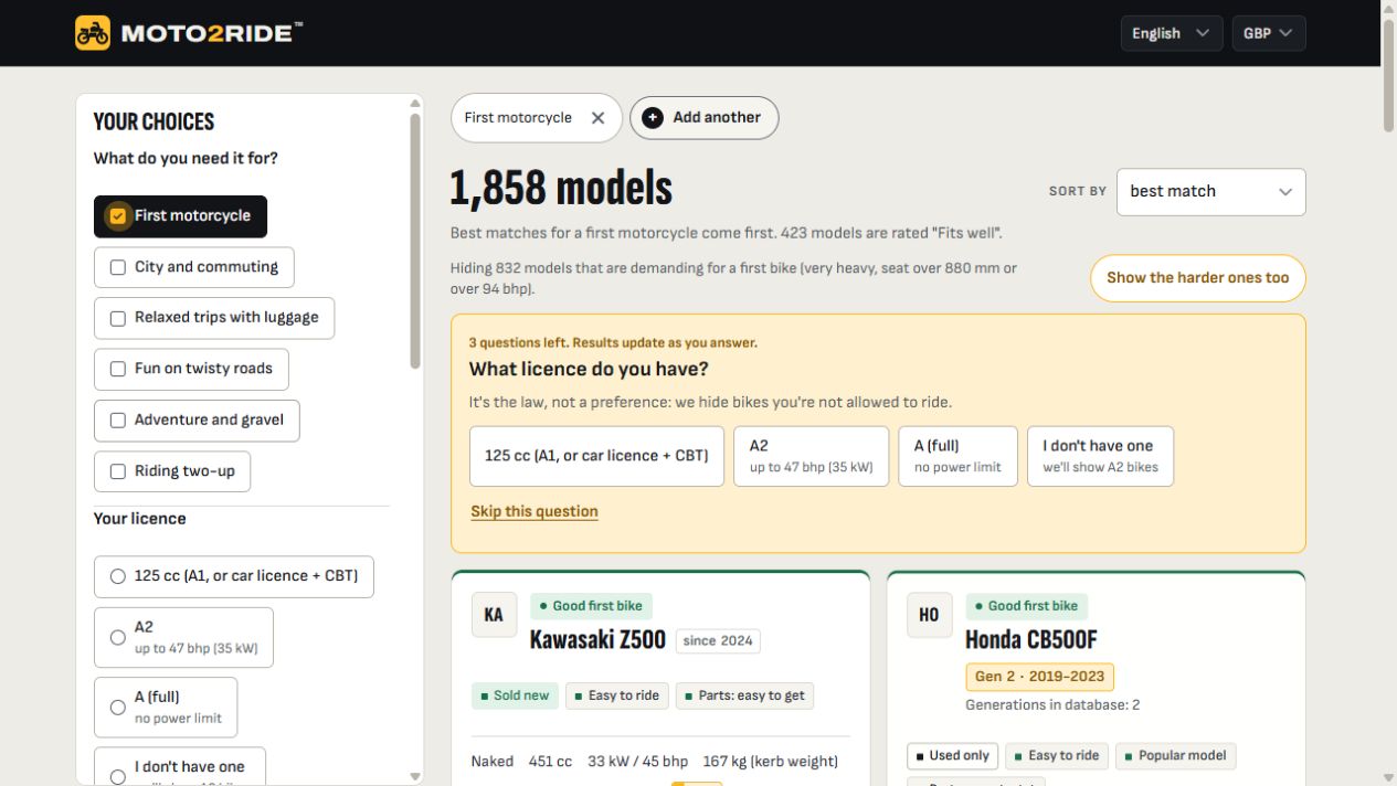 Moto2Ride™ guided first-motorcycle search asking about the rider licence alongside matching bikes