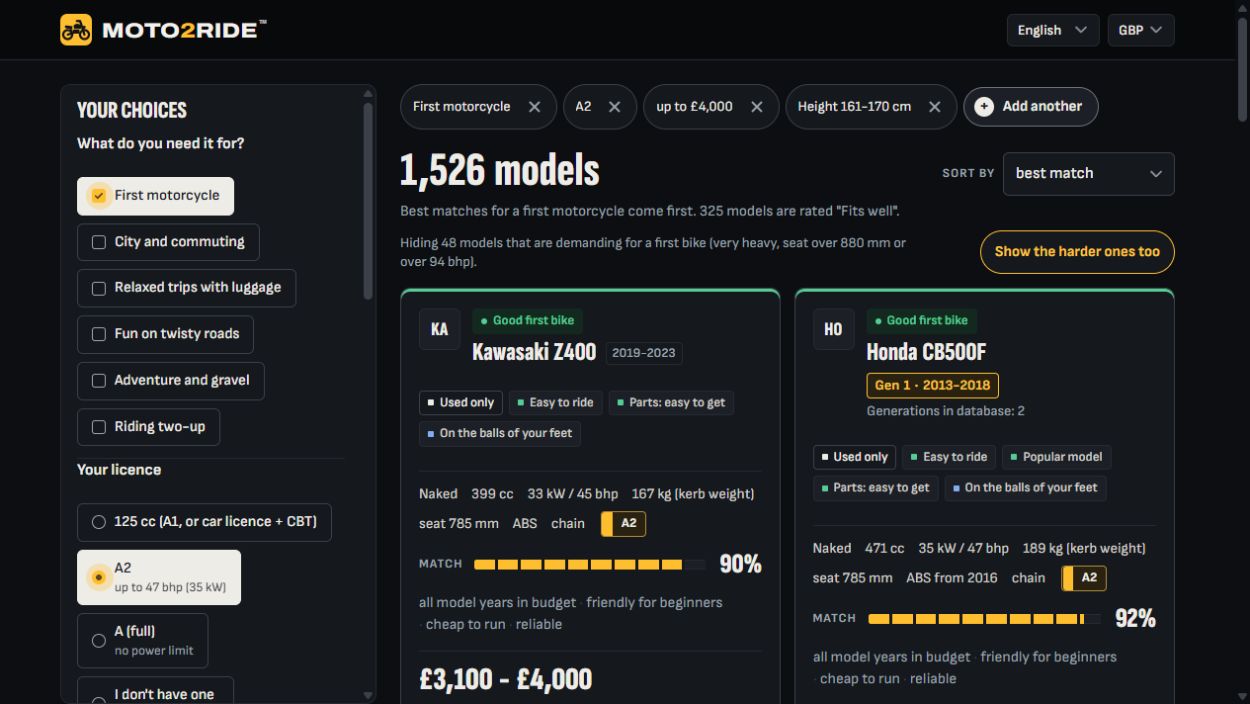 Moto2Ride™ personalised A2 results with budget, height, match scores and reasons for each recommendation