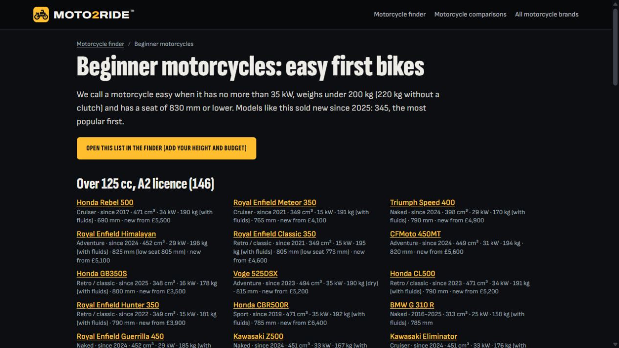 Moto2Ride™ beginner motorcycle guide with accessible first-bike options and specifications