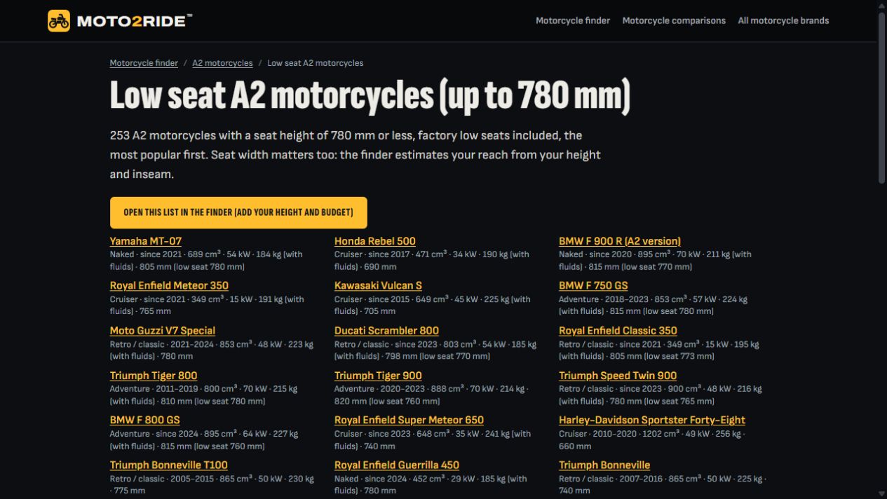 Moto2Ride™ low-seat A2 motorcycle list with seat heights, weights and prices
