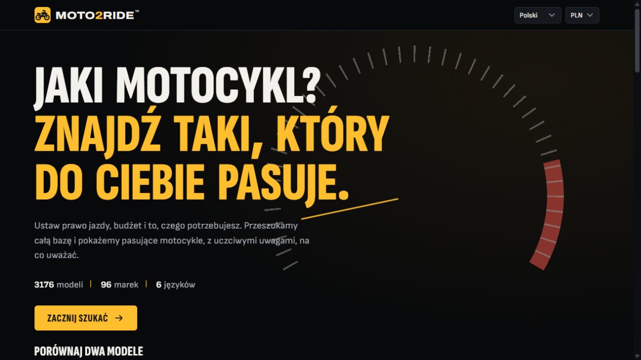 Moto2Ride™ Polish motorcycle finder showing its multilingual product interface